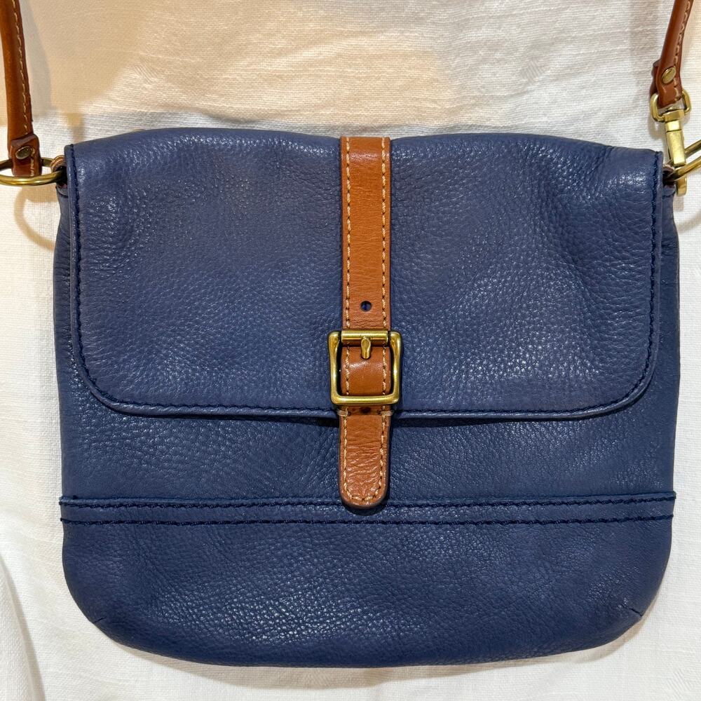 Fossil Blue Pebbled Leather Crossbody Bag Brown Trim Vintage Style - Picture 13 of 15